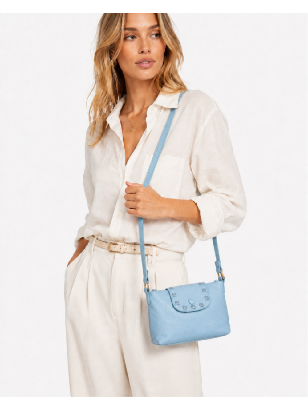 Light Blue Zipper Shoulder Bag / Purse with Blue Studs & Gold Hardware NWT